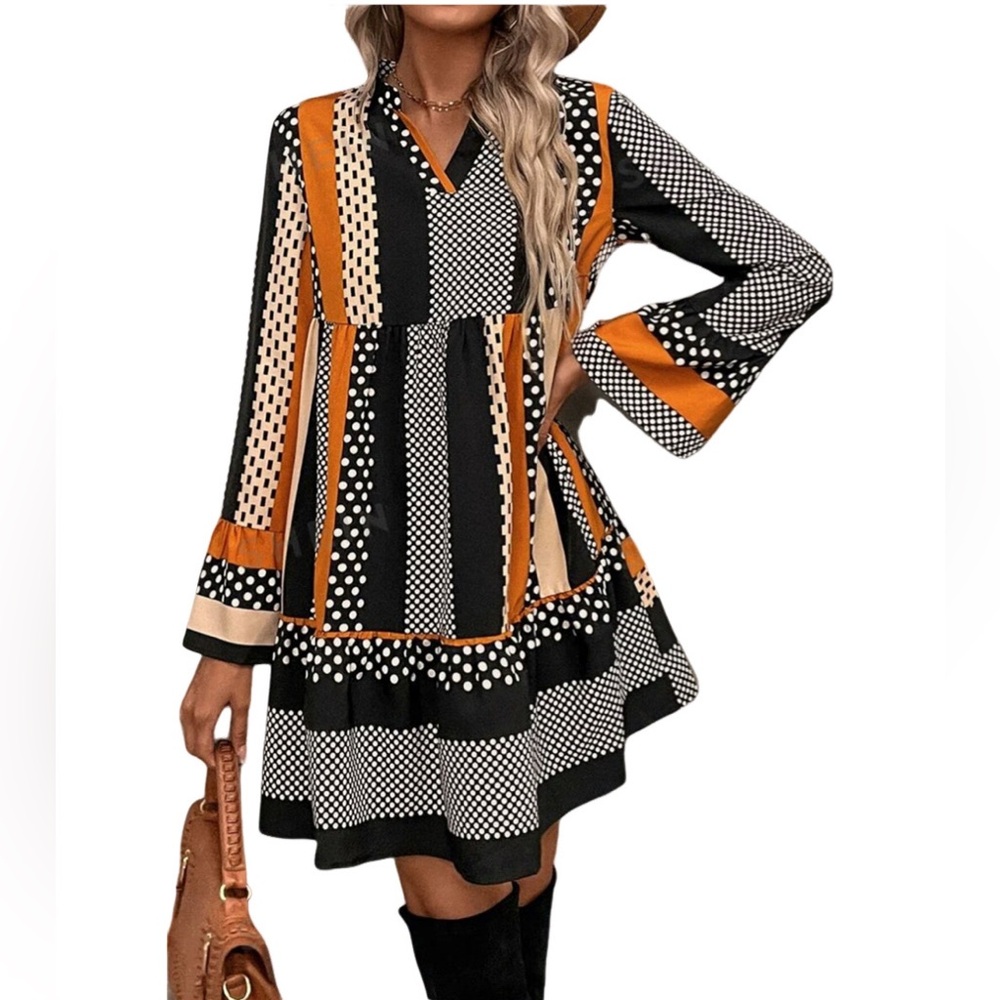 Black Striped Polka Dot Print Ruffled Hem V Neck Mini Dress